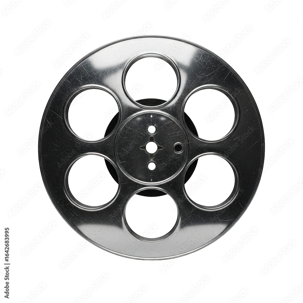 Obraz premium Close up metallic film reel with six circular perforations isolated on transparent background
