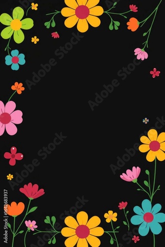 Flower frame on a black background various colors and shapes decorative floral design