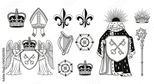 Heraldic elements collection with royalty symbols.