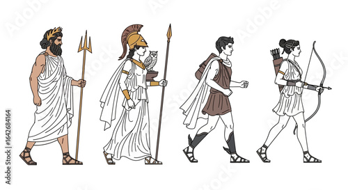 Greek Gods Walking with Mythology Characters Isolated.