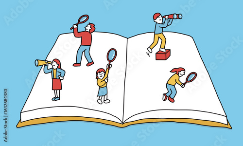 大きな本の上で虫眼鏡・双眼鏡・望遠鏡などを使って情報を探す人々のイラスト