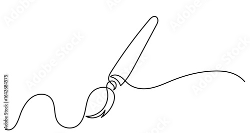 Continuous line drawing of a paintbrush creating a flowing, wavy stroke, symbolizing creativity,art, and free expression through a single line, fluid motion.Paint brush isolated on a white background