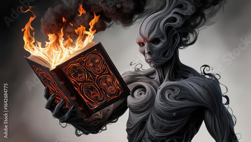 A figure holds a book engulfed in flames.