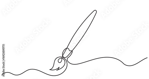 Continuous line drawing of a paintbrush creating a flowing, wavy stroke, symbolizing creativity,art, and free expression through a single line, fluid motion.Paint brush isolated on a white background