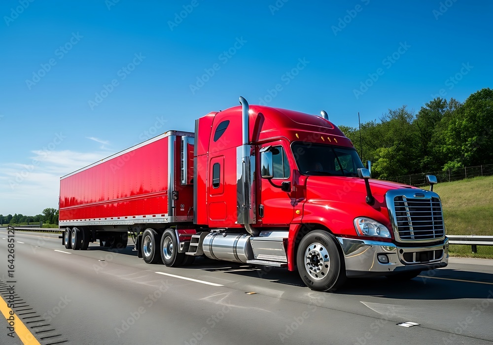 Shiny Red Semi-Truck Driving on Highway Under Clear Blue Sky. Shiny Red Semi-Truck Driving on Highway Under Clear Blue Sky.