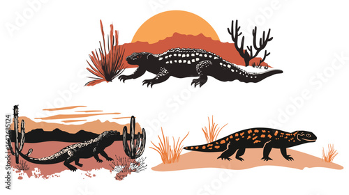 A bold silhouette of a Gila monster crawling, featuring a distinct lizard shape with detailed limbs, tail, and head profile, perfect for wildlife icons, desert animal illustrations, and reptile-themed