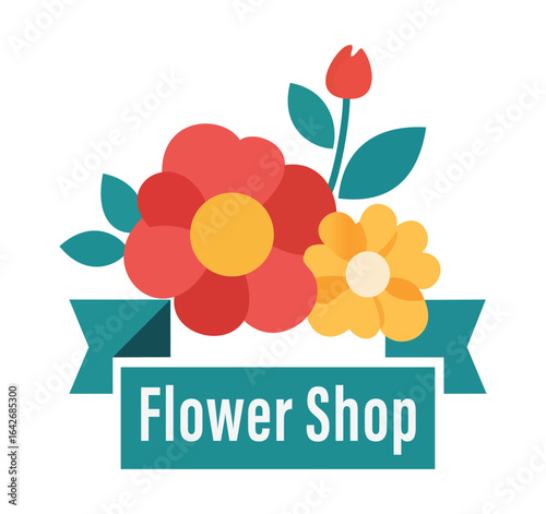 Flower shop logo with colorful blossoms and a ribbon banner, a stylish illustration for florists, bouquets, gifts, and gardening businesses