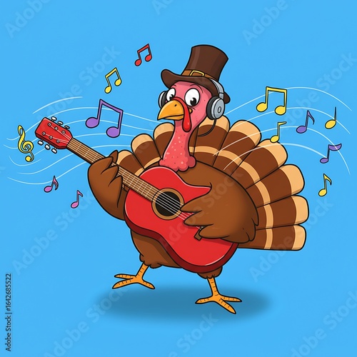 Cartoon turkey playing guitar with music notes