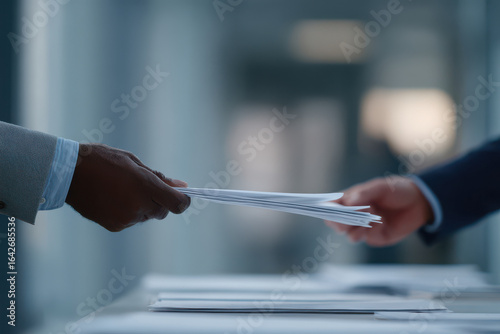 professional manager holds important documents with ar blurred white text bars in modern office setting
