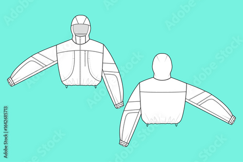Women's Outerwear High Neck Sports Crop Hoodie Flat Sketch Illustration Drawing Apparel CAD.