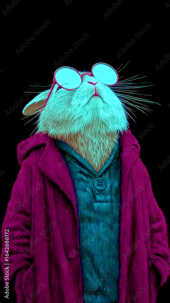 Obraz premium Stylish rabbit in glasses and coat gazing thoughtfully against a dark background