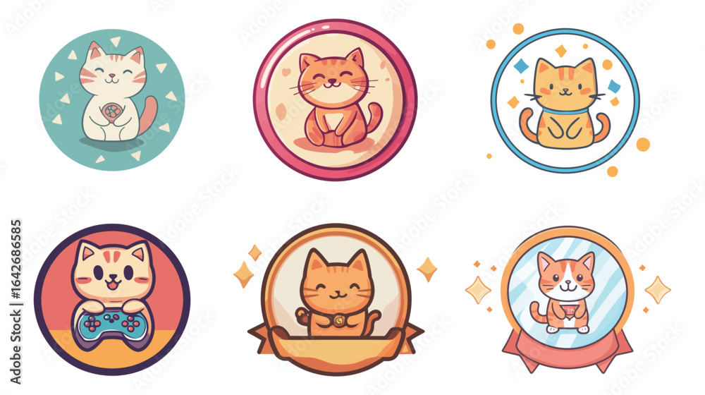 Fototapeta premium A cartoon-style badge resembling a medal with a cute cat pattern, featuring bold outlines, bright colors, and playful design, perfect for children’s awards, pet-themed events, and decorative stickers.