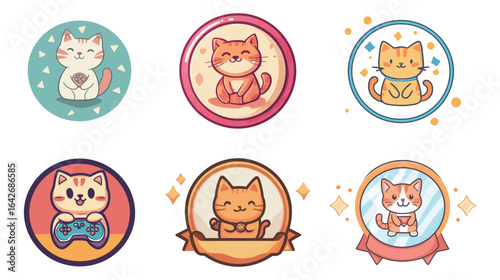 A cartoon-style badge resembling a medal with a cute cat pattern, featuring bold outlines, bright colors, and playful design, perfect for children’s awards, pet-themed events, and decorative stickers.