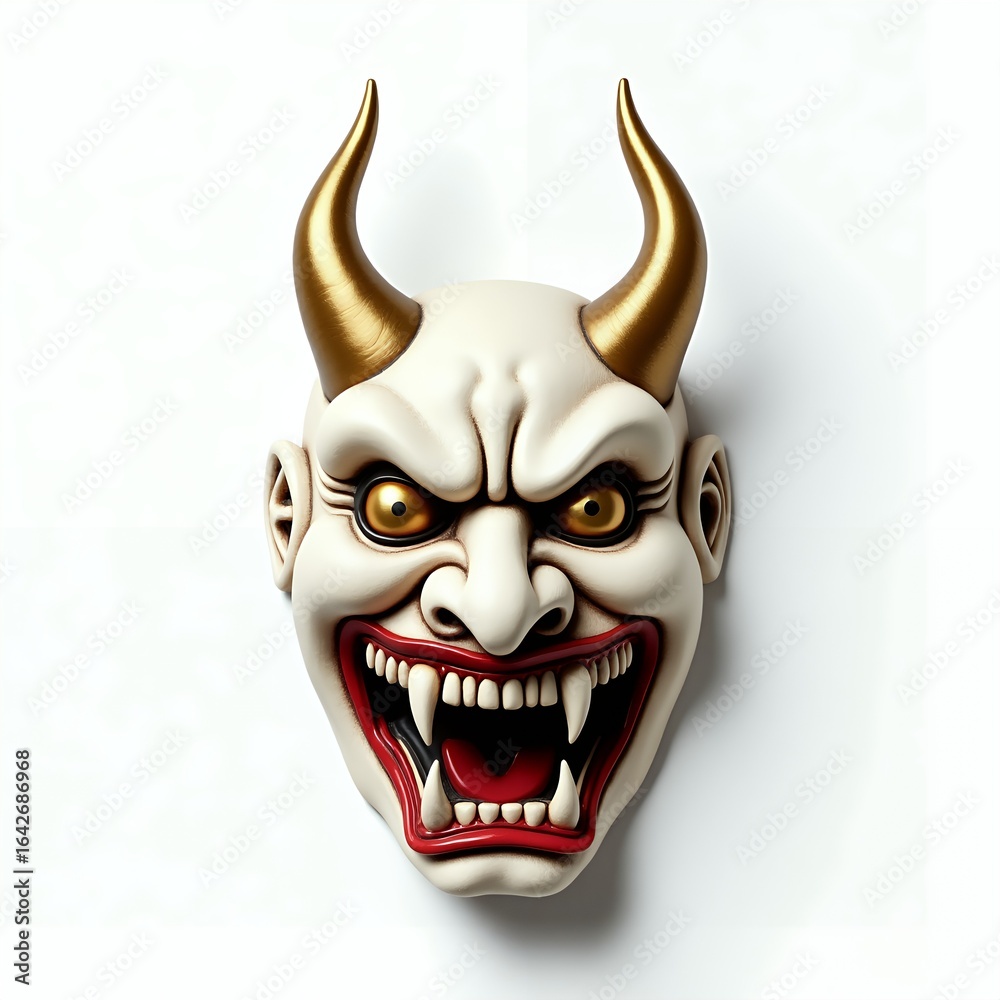 Naklejka premium Traditional Japanese Hannya Mask Overhead on White Background