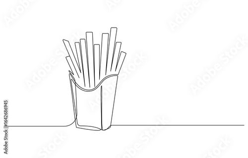French fries in continuous line art drawing style. Fried potato sticks ,one continuous drawn line of French fries drawn from the hand picture silhouette. Line art. fast food food potato cooked