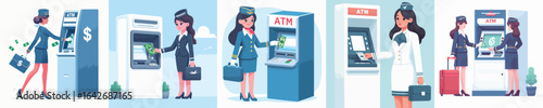 vector of flight attendant taking money from atm