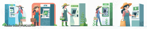 vector of female farmer taking money from atm