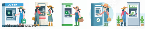 vector of female farmer taking money from atm