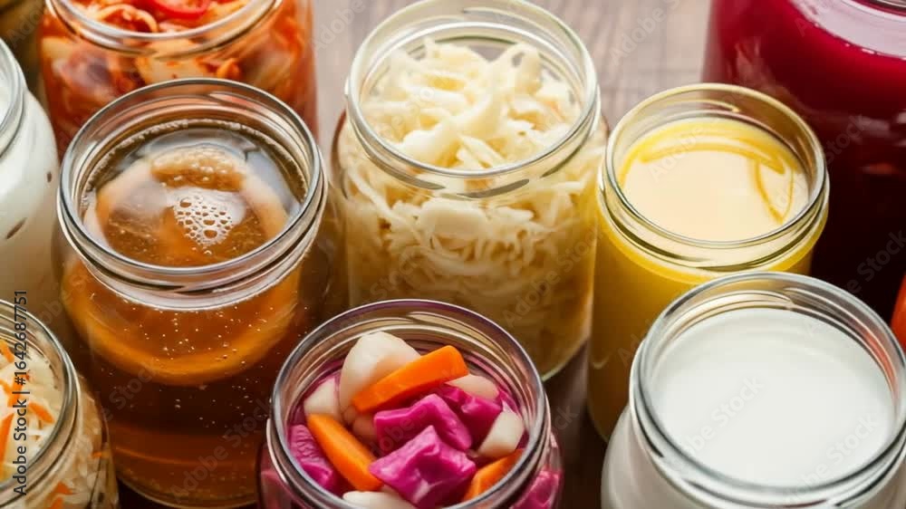 Fermented Foods: Kimchi, Sauerkraut, Kombucha, Pickles and Yogurt in Jars - Stock Video Fermented Foods: Kimchi, Sauerkraut, Kombucha, Pickles and Yogurt in Jars - Stock Video