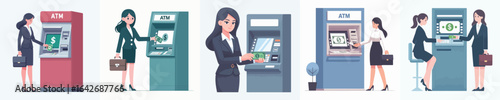 vector of female secretary taking money from atm