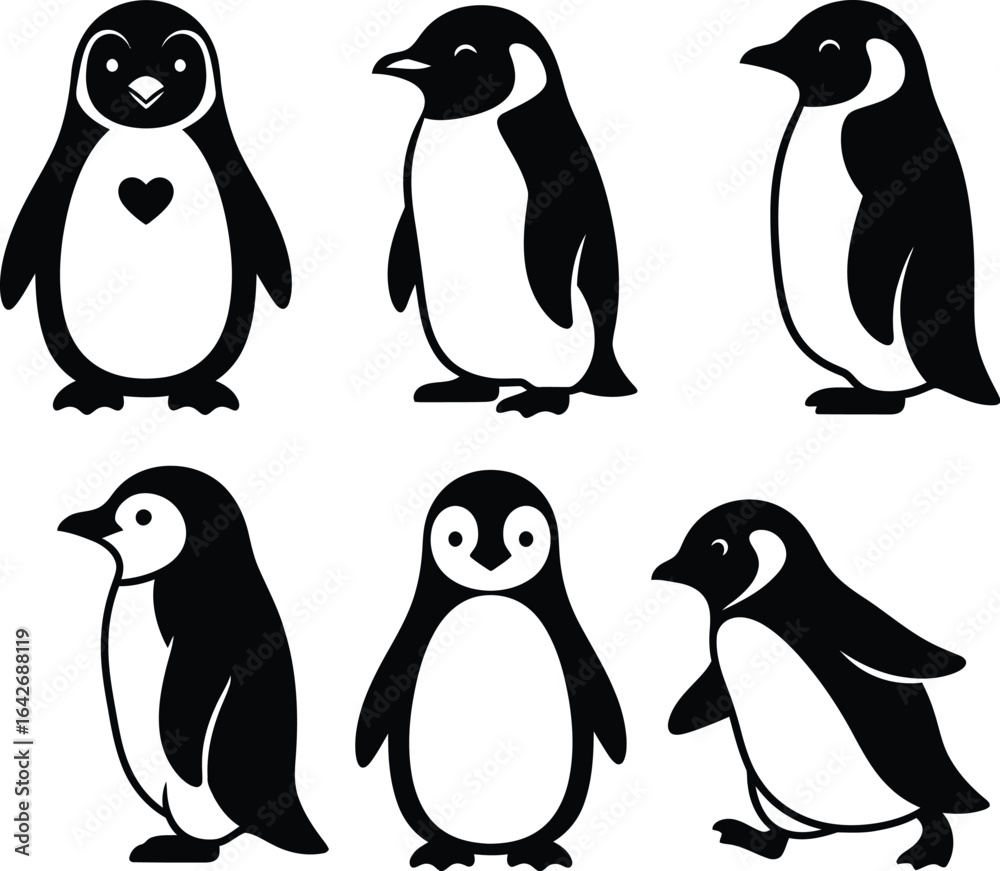 Naklejka premium Black and White Penguin silhouette collection Vector Set