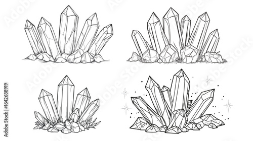 A clean line drawing of a magical crystal for coloring page design, featuring sharp facets, sparkles, and mystical energy elements, perfect for fantasy-themed crafts, kids’ activities