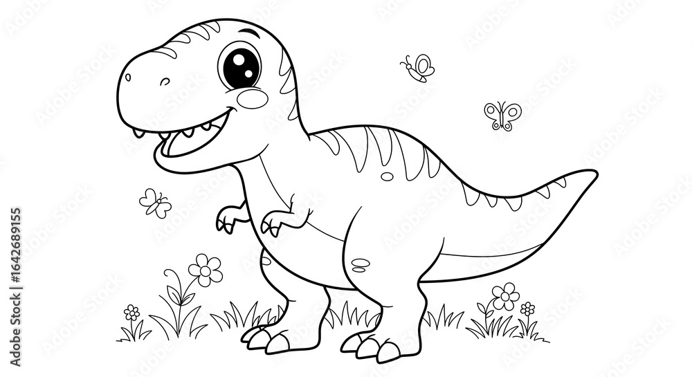 Fototapeta premium Tyrannosaurus Rex coloring page on white background, cute dinosaur line art for kids