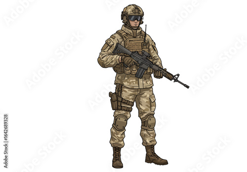 A soldier in desert camouflage uniform holding a rifle