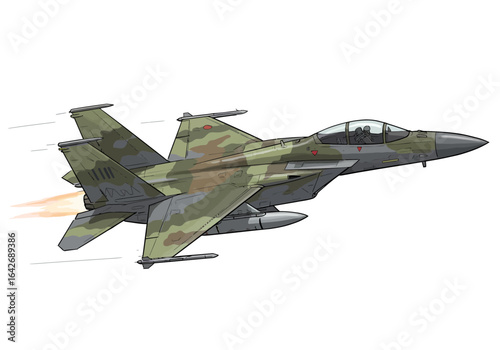 Camouflaged Fighter Jet in Flight with Exhaust Flames