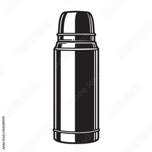 Black and white illustration of a classic vacuum flask isolated on white background
