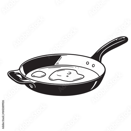 Black and white illustration of a fried egg in a frying pan on white background