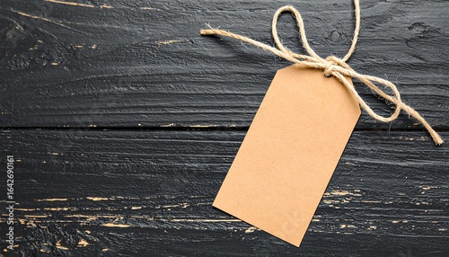 Blank Kraft Paper Tag with Twine Bow on Rustic Black Wooden Background – Vintage Label and Price Tag Mockup for Branding and Design