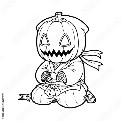 Cartoon pumpkin ninja kneeling with throwing star outline coloring page