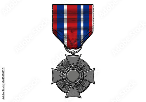 Ornate Silver Cross Medal with Red, White, and Blue Ribbon