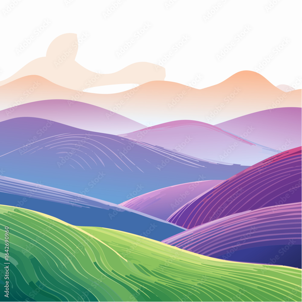 Obraz premium A colorful landscape with mountains and grass in the background 1