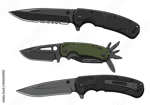 Three Folding Pocket Knives with Serrated and Plain Blades