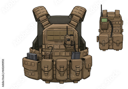Tactical plate carrier vest with radio and magazines