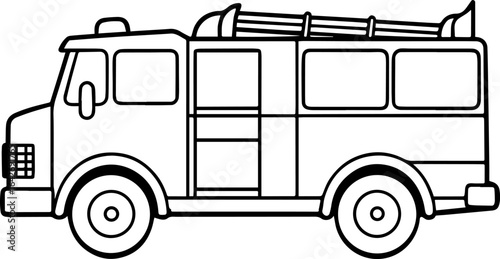 Fire engine black outline vector and illustration, coloring book page