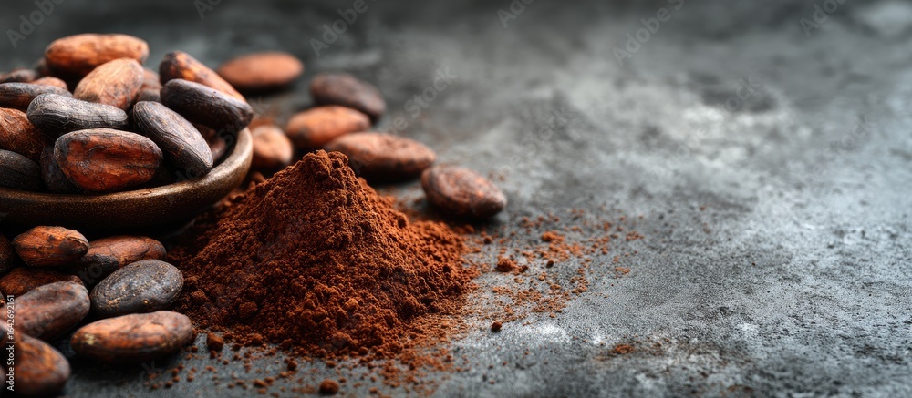 Fototapeta premium Cacao beans and cocoa powder on a dark surface