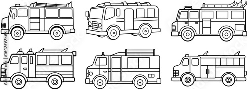 Set of Fire engine black outline vector and illustration, coloring book page