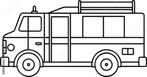 Fire engine black outline vector and illustration, coloring book page