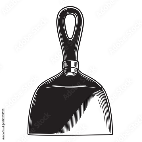 Detailed ink drawing illustration of a putty knife construction hand tool isolated on white
