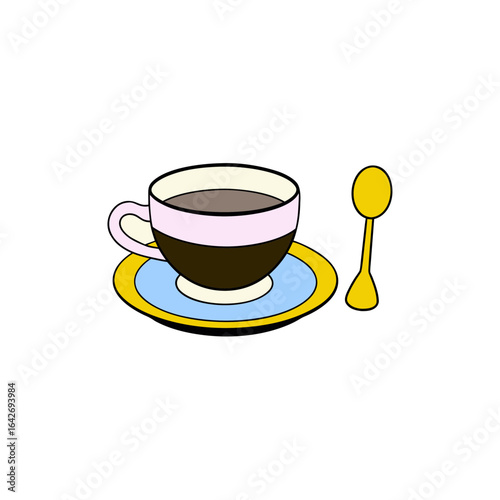 Cute cartoon coffee cup with saucer and spoon illustration