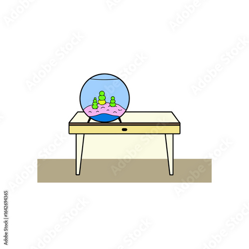 A simple illustration of a fishbowl with colorful plants on a table