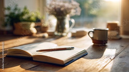 Open notebook, pencil, and coffee cup on a wooden table by a window. Sunlight streams in