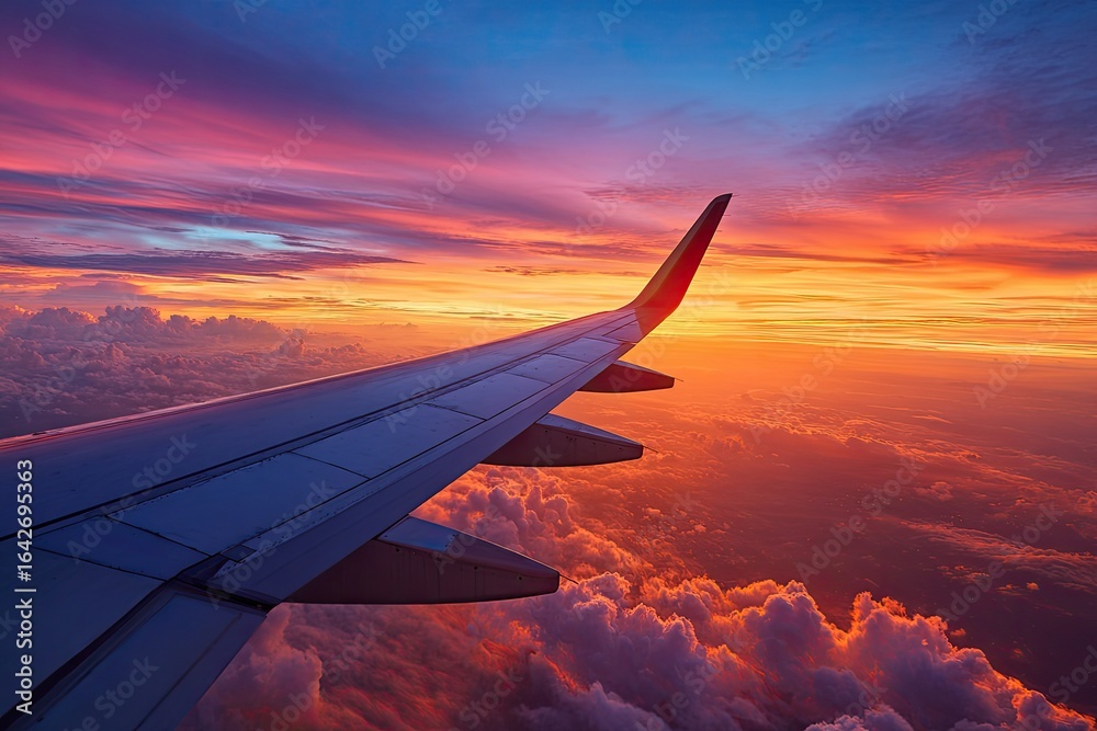 Obraz premium Airplane wing at sunset, clouds below