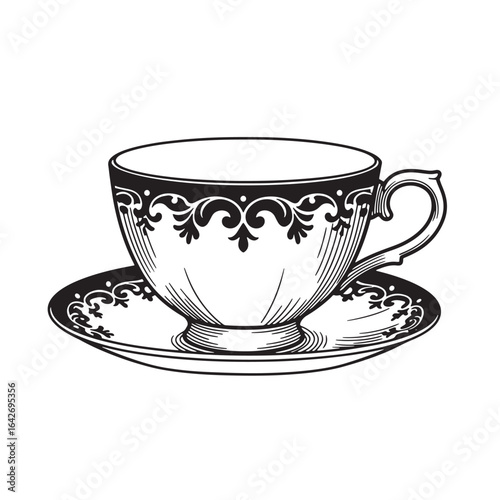 Elegant vintage style teacup and saucer set with ornate decorative design in black and white