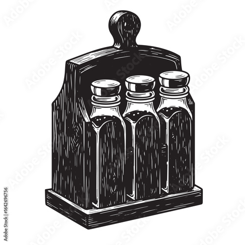Hand drawn vintage style illustration of olive oil bottles and wooden caddy for culinary uses