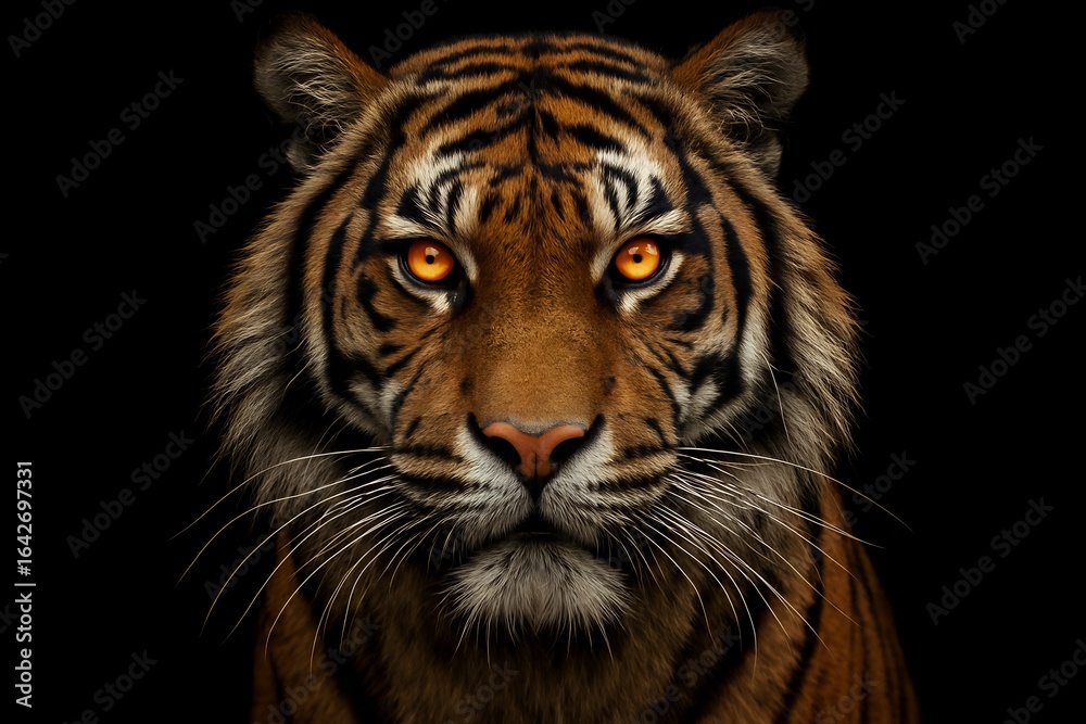 Fototapeta premium Closeup portrait of a majestic bengal tiger with intense, glowing amber eyes and striking orange and black stripes