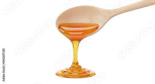Golden honey gracefully dripping from a wooden spoon, capturing pure sweetness and natural goodness in a visually appealing pour.